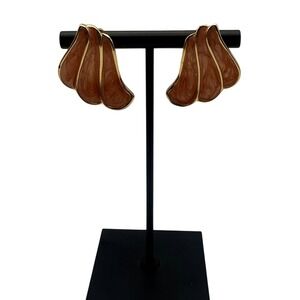 Vintage Fan Enamel  Earrings Gold Tone Orange Swirl Statement